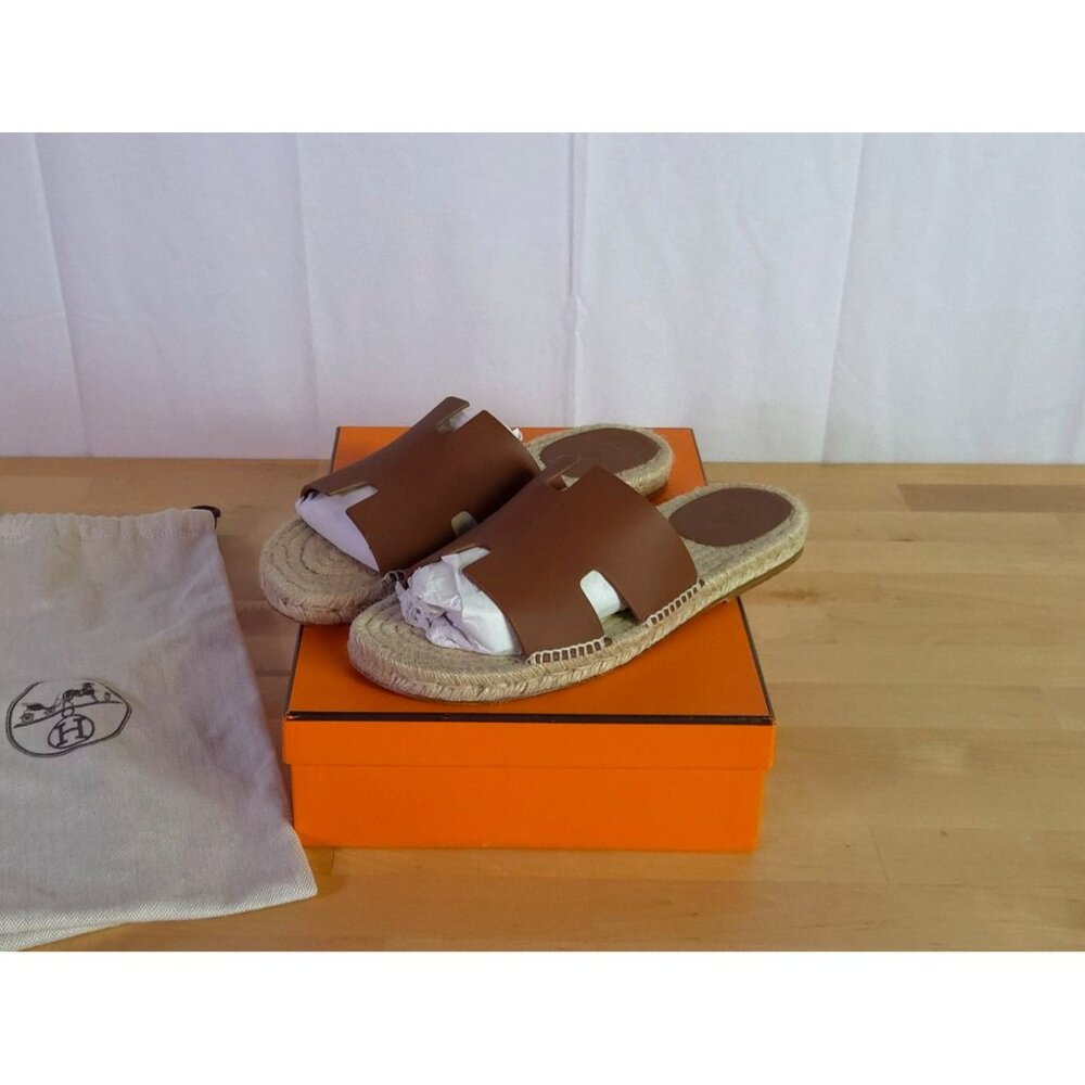 Hermès Brown Leather Antigua Espadrilles Sandals EU 44 |US 11